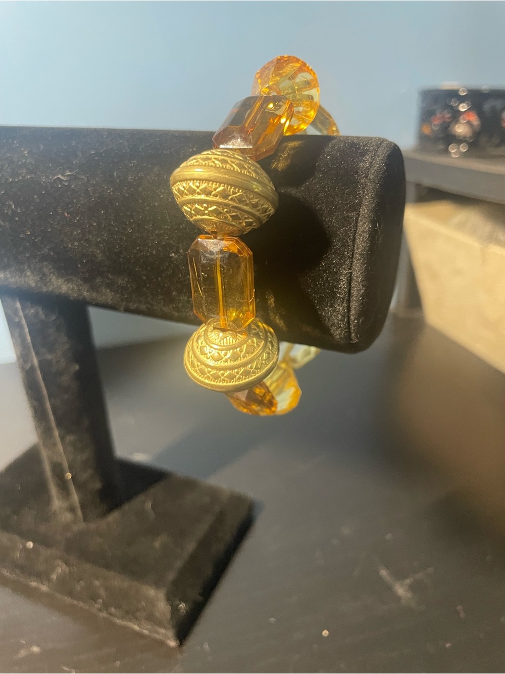 Amber Beaded Stretch Bracelet with Gold-Tone Accents